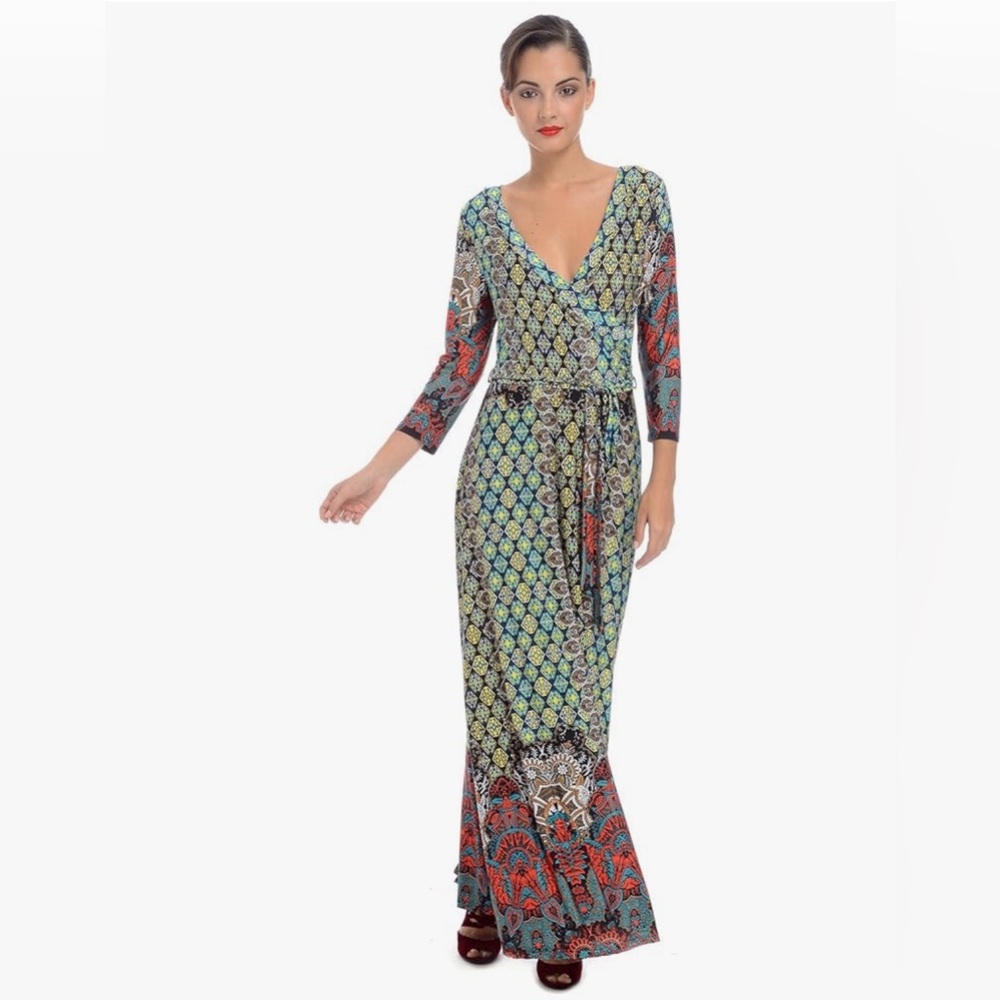 Moroccan Boho Faux Wrap Maxi Dress 🌿 | V-Neck | Belted | Statement Print - Picture 5 of 15